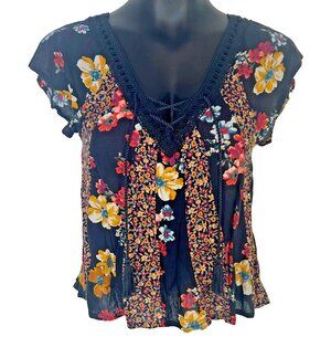 Hollister Blouse Womens Juniors S Midnight Floral Short Flutter Sleeve V-Neck